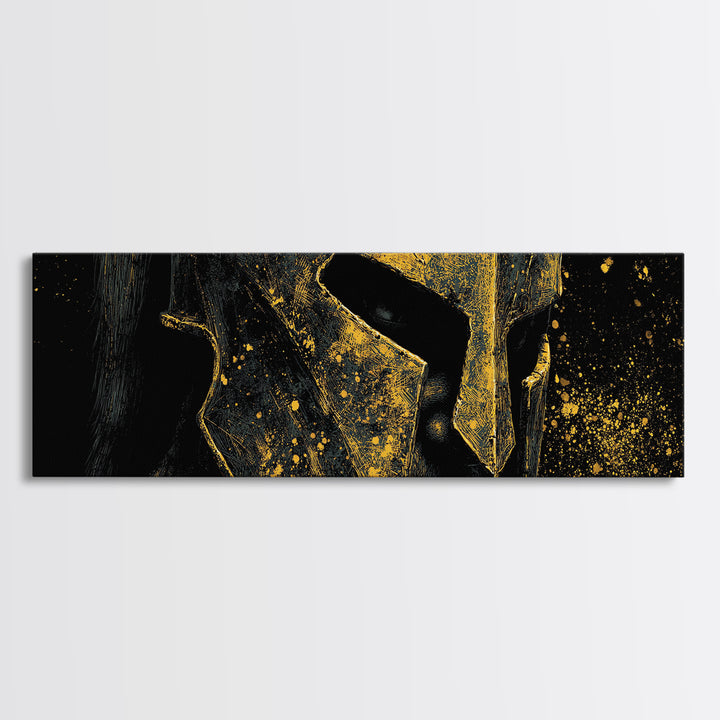 Spartan Warrior Close Up, Ancient Greek Helmet Portrait Decorative Wall Artwork, Gold Canvas Print, Real Wood Frame Decor