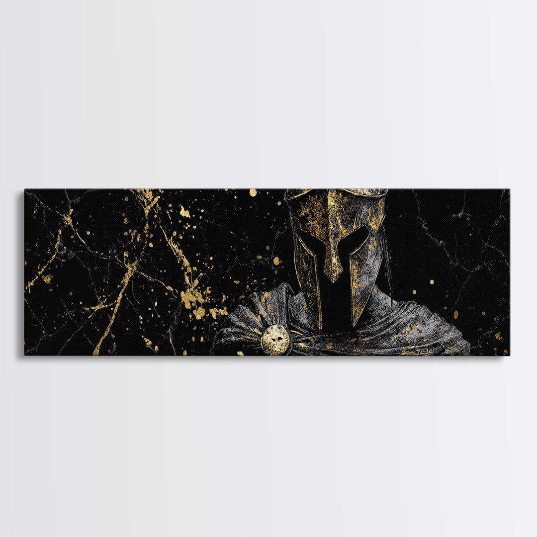 Greek Warrior In Armor, Mythological Spartan Helmet With Cloak Decorative Wall Artwork, Gold Canvas Print, Real Wood Frame