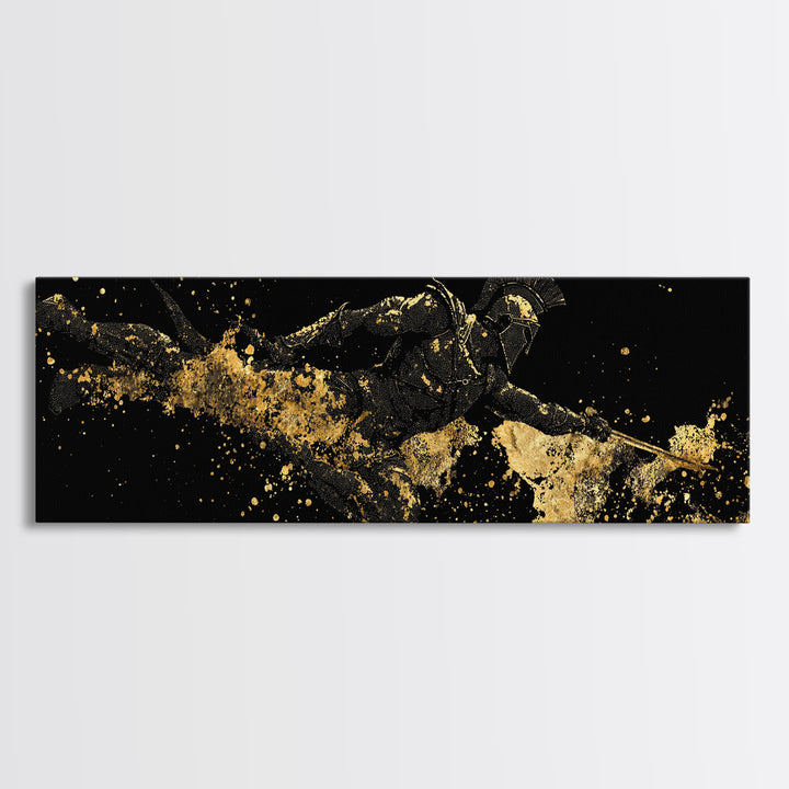 Spartan Warrior Leaping, Ancient Greek Heroic Battle Scene Decorative Wall Artwork, Gold Canvas Print, Real Wood Frame Decor