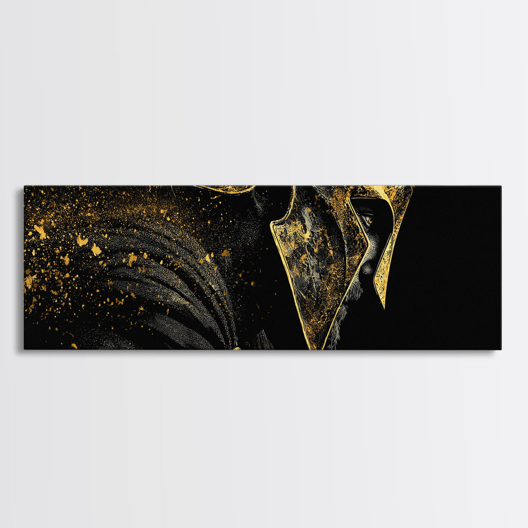 Spartan Helmet Side View, Mythological Greek Warrior Armor Decorative Wall Artwork, Gold Canvas Print, Real Wood Frame Art