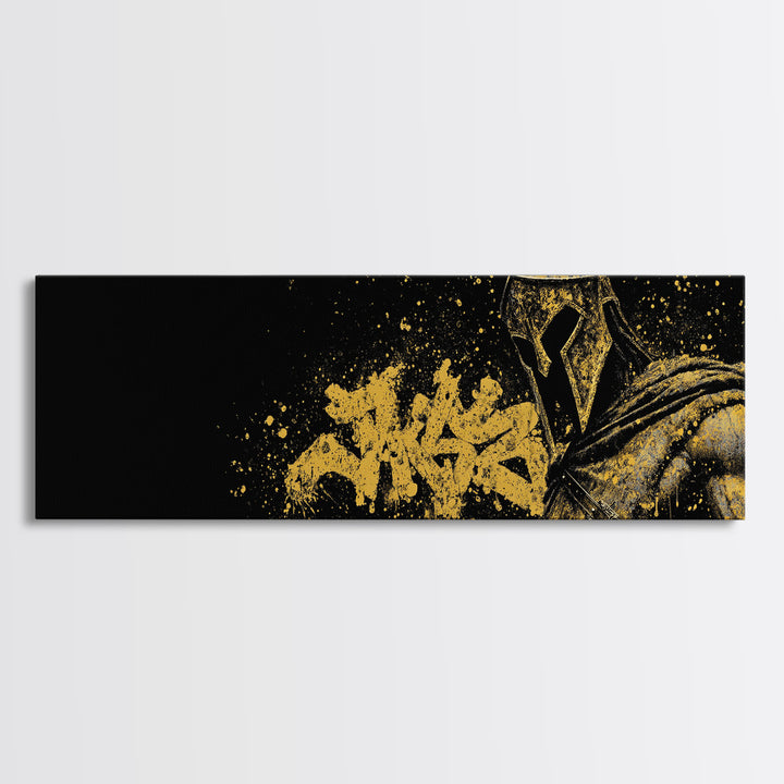 Greek Warrior Portrait, Ancient Spartan Helmet With Symbolic Cloak Artwork, Gold Canvas Print, Real Wood Frame Wall Decor