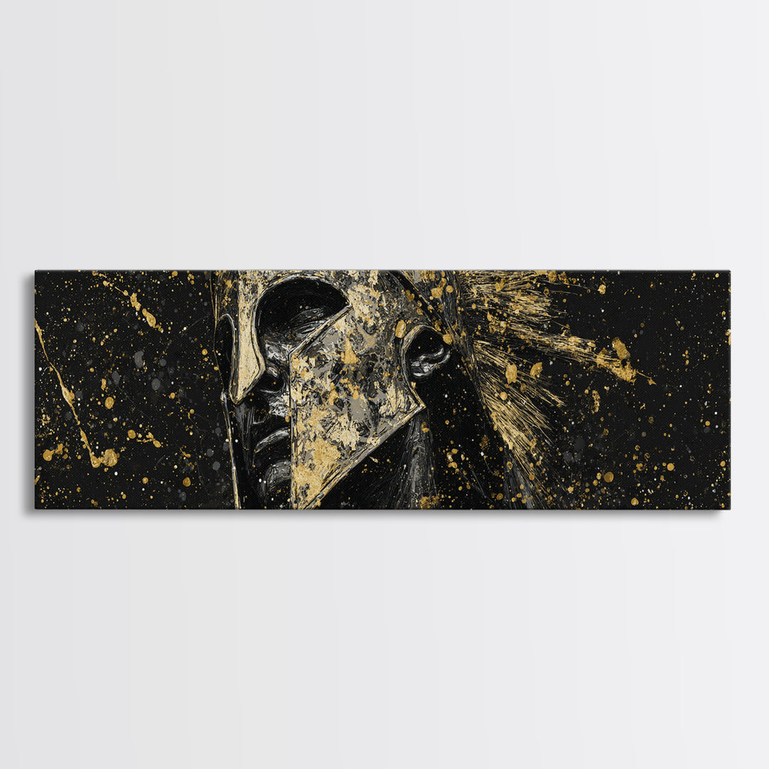 Spartan Helmet And Graffiti, Mythological Greek Warrior Decorative Wall Artwork, Gold Canvas Print, Real Wood Frame Wall Art