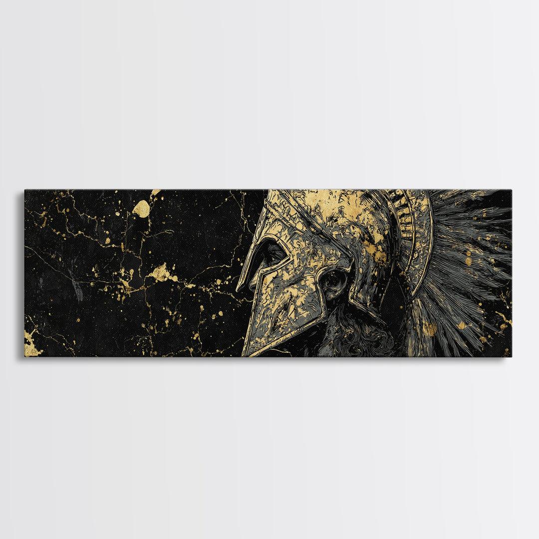 Greek Helmet Portrait, Ancient Spartan Mythological Warrior Decorative Artwork, Gold Canvas Print, Real Wood Frame Wall Decor