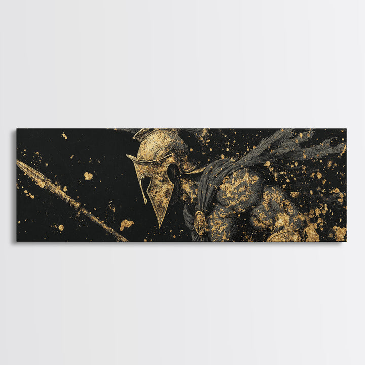 Spartan Helmet Detailed Profile, Ancient Greek Warrior Decorative Wall Artwork, Gold Canvas Print, Real Wood Frame Wall Decor