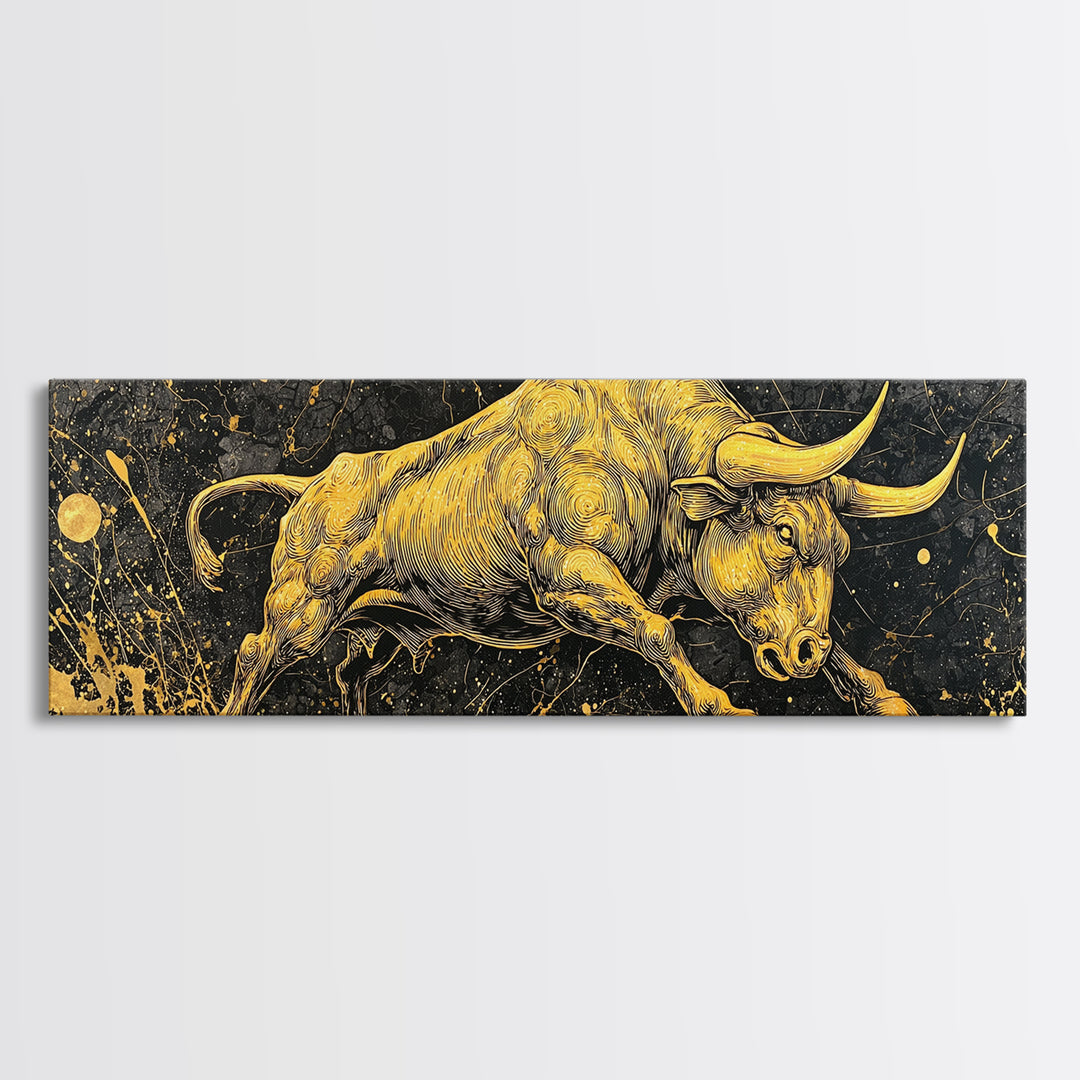 Charging Bull Artwork, Mythical Strength And Power Wall Decor, Gold Canvas Print, Real Wood Frame Art
