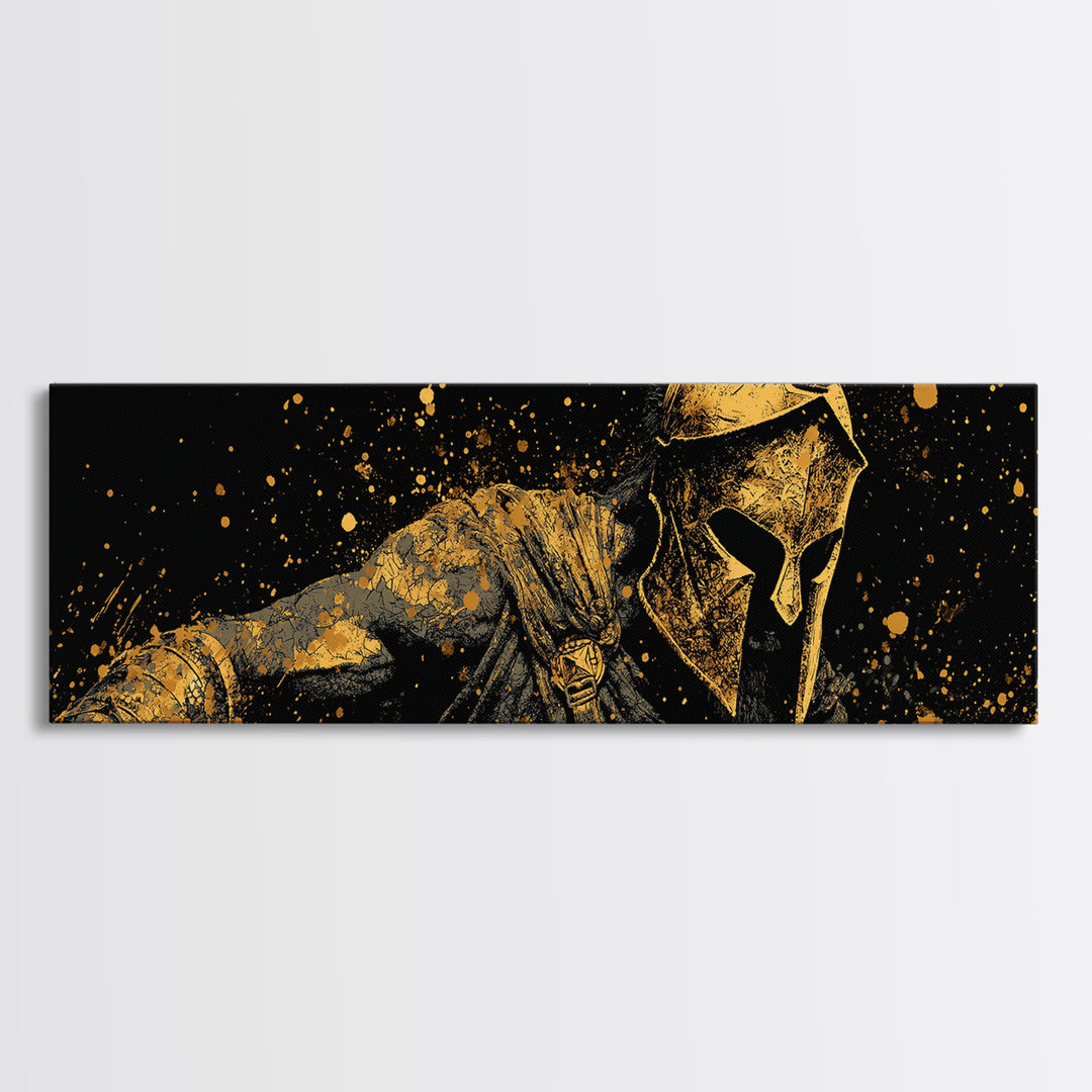 Greek Warrior With Spear, Ancient Spartan Battle Scene Decorative Wall Artwork, Gold Canvas Print, Real Wood Frame Wall Art