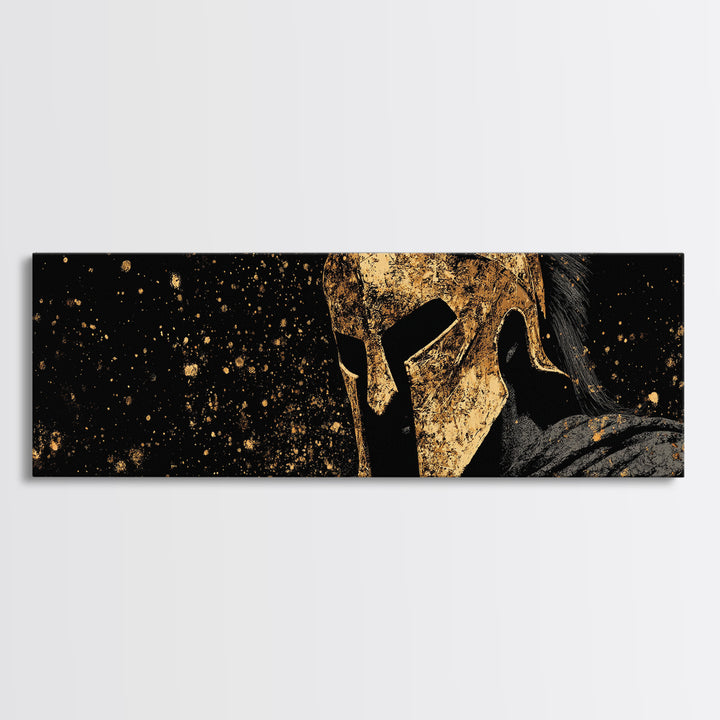 Spartan Warrior In Battle, Ancient Greek Hero Decorative Wall Artwork, Gold Canvas Print, Real Wood Frame Wall Decor