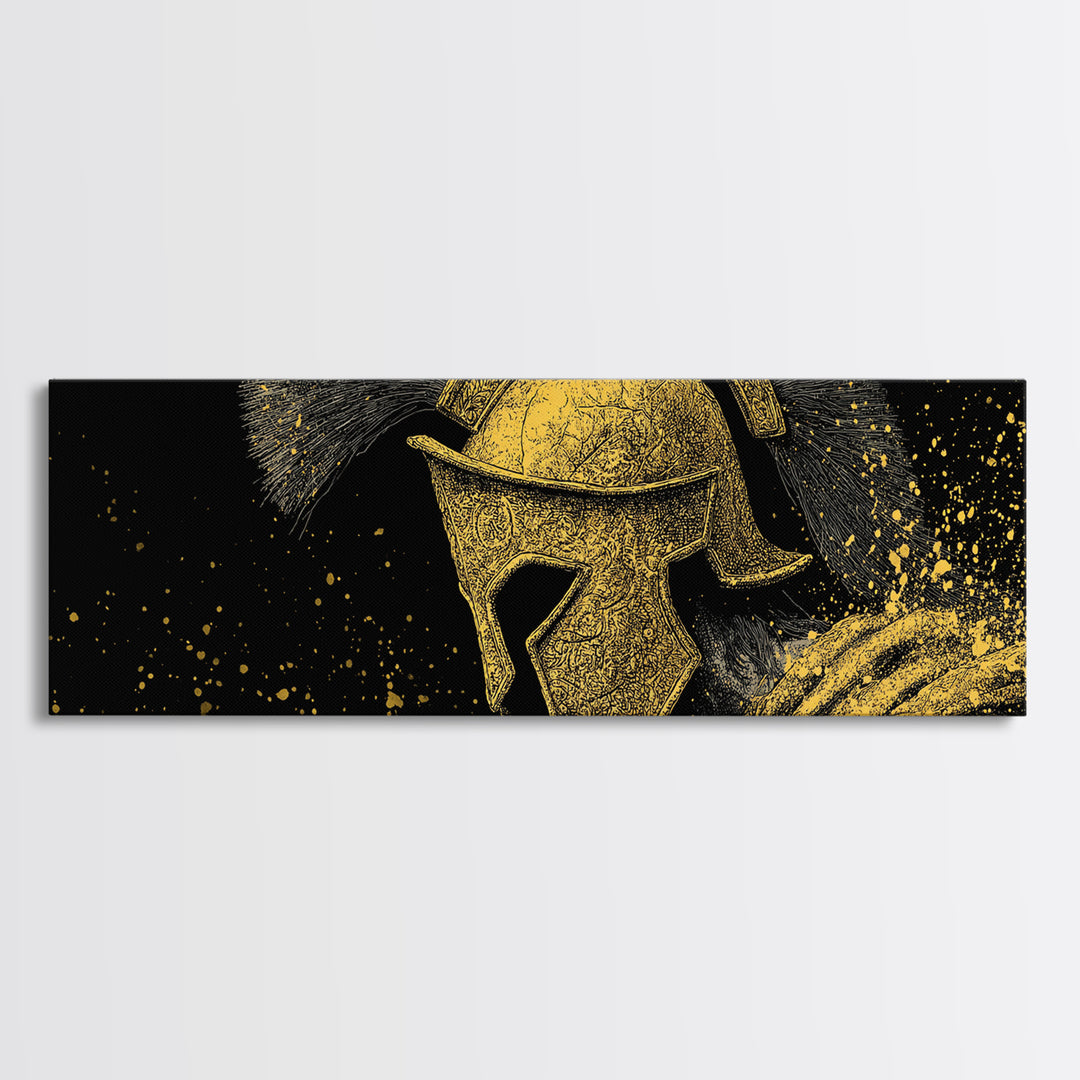 Spartan Helmet Portrait, Ancient Greek Warrior Symbolic Decorative Artwork, Gold Canvas Print, Real Wood Frame Wall Decor