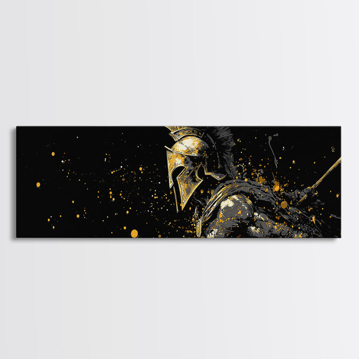 Greek Warrior In Battle Stance, Mythological Spartan Hero Decorative Artwork, Gold Canvas Print, Real Wood Frame Wall Art