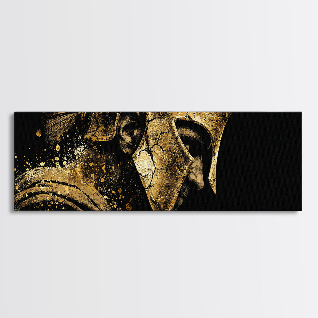 Spartan Helmet Side Profile, Ancient Greek Warrior Armor Decorative Artwork, Gold Canvas Print, Real Wood Frame Wall Decor