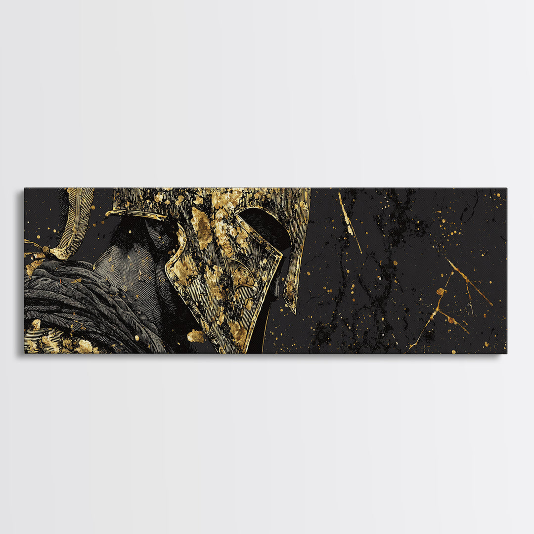 Greek Warrior Close Up, Spartan Mythological Armor Decorative Wall Artwork, Gold Canvas Print, Real Wood Frame Wall Decor