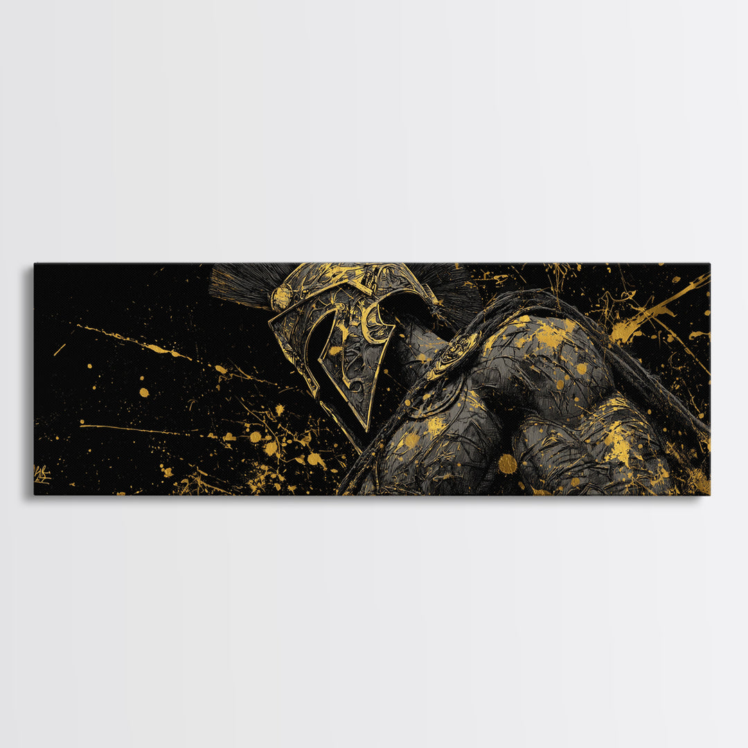 Detailed Spartan Helmet, Ancient Greek Mythological Warrior Decorative Artwork, Gold Canvas Print, Real Wood Frame Wall Art