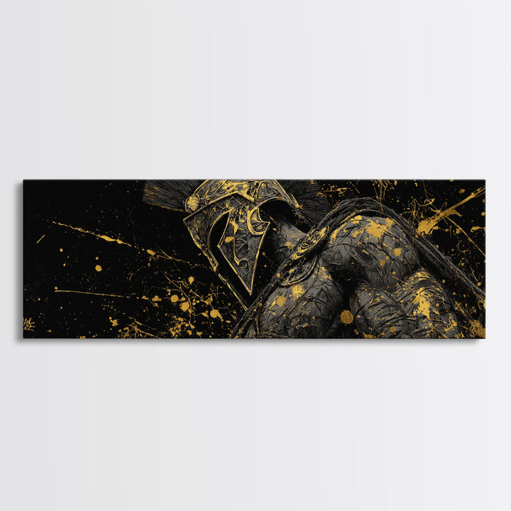 Detailed Spartan Helmet, Ancient Greek Mythological Warrior Decorative Artwork, Gold Canvas Print, Real Wood Frame Wall Art