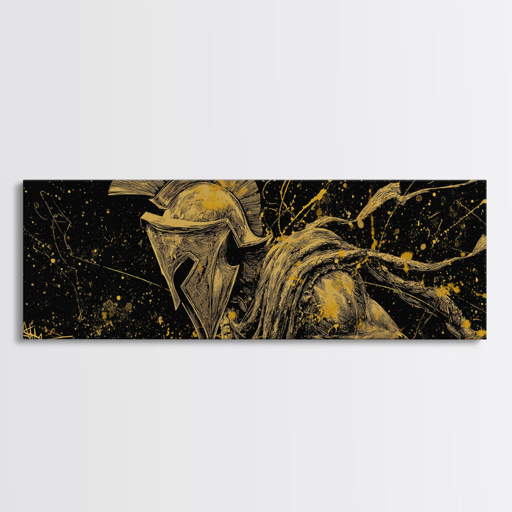Greek Warrior Battle Pose, Ancient Spartan Hero Decorative Wall Artwork, Gold Canvas Print, Real Wood Frame Wall Decor