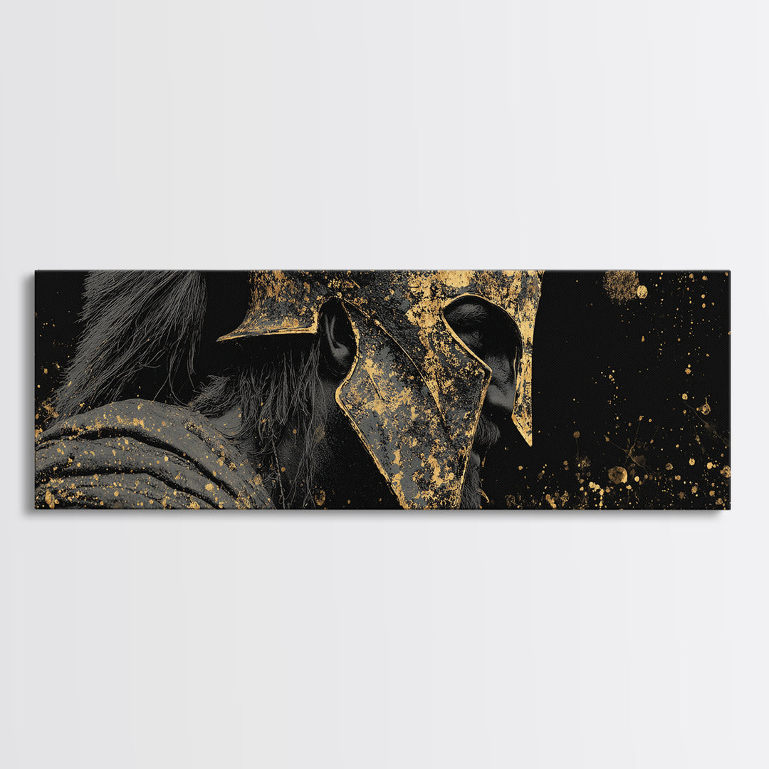 Spartan Helmet Warrior, Ancient Greek Mythological Armor Symbol Artwork, Gold Canvas Print, Real Wood Frame Wall Decor