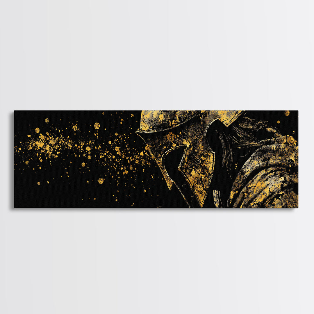 Greek Warrior With Cloak, Ancient Spartan Helmet Decorative Wall Artwork, Gold Canvas Print, Real Wood Frame Wall Decor