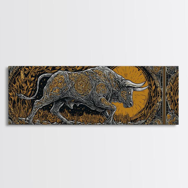 Ornamental Bull Design, Mythical Strength Symbol Wall Decor, Gold Canvas Print, Real Wood Framed Art