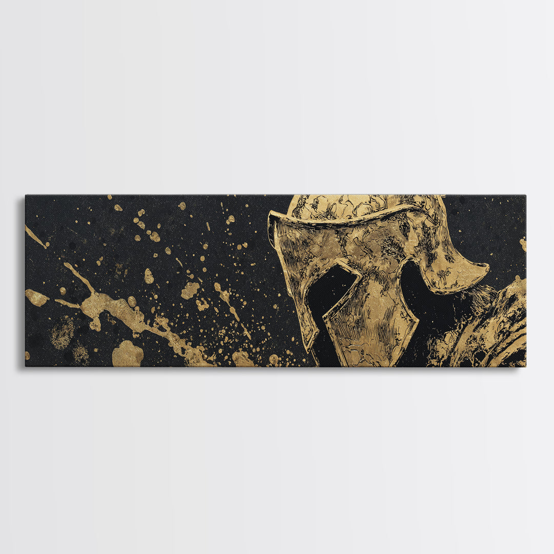 Spartan Helmet Warrior Portrait, Ancient Greek Heroic Symbol Decorative Artwork, Gold Canvas Print, Real Wood Frame Wall Decor