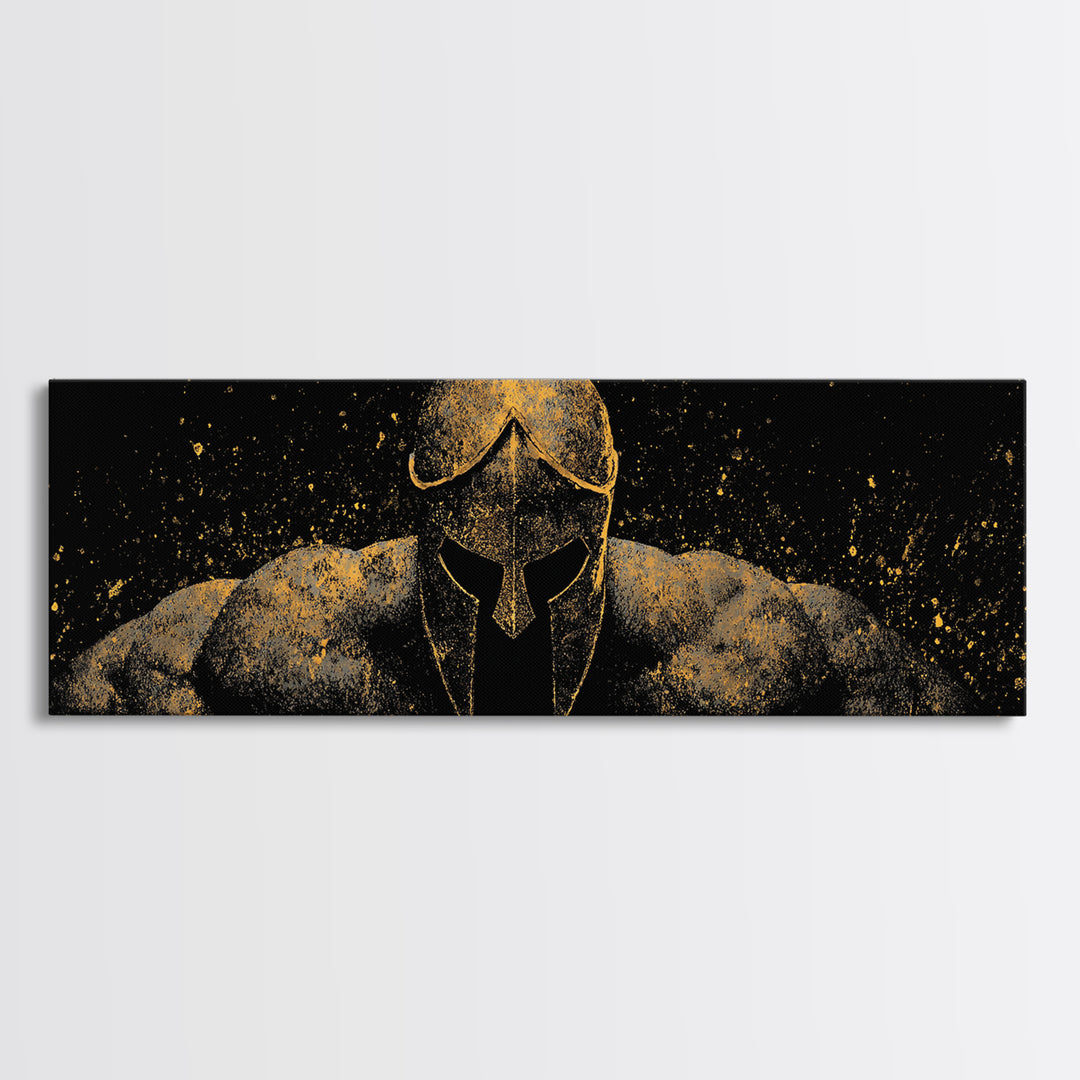 Spartan Warrior Front View, Ancient Greek Helmet Strength Symbol Decorative Artwork, Gold Canvas Print, Real Wood Frame Art