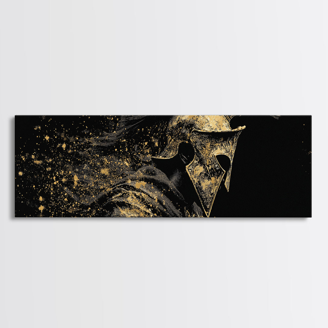 Greek Warrior Side Portrait, Ancient Spartan Helmet Mythological Decorative Artwork, Gold Canvas Print, Real Wood Frame Decor