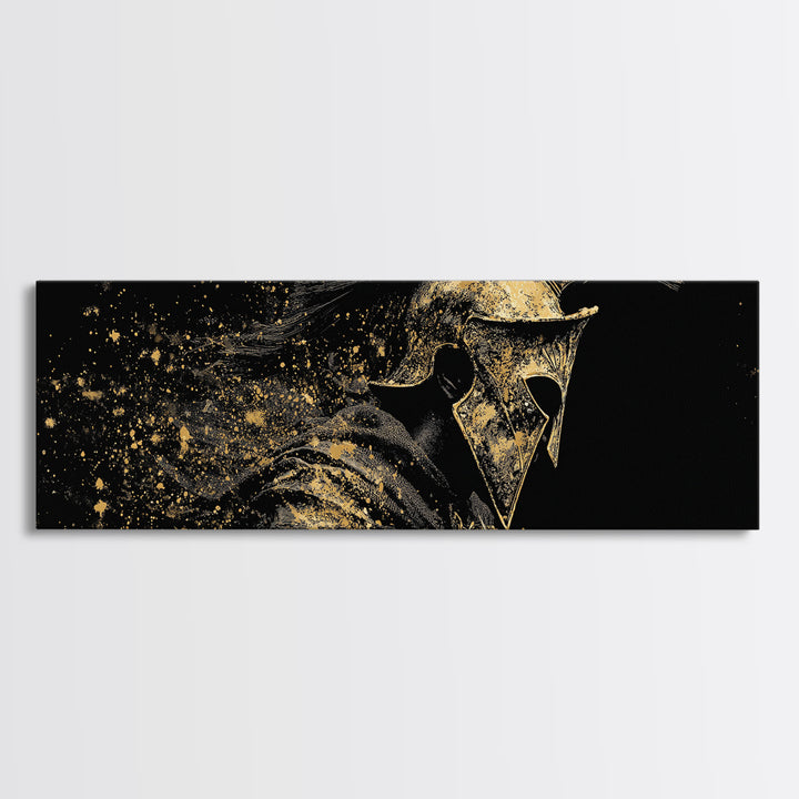 Greek Warrior Side Portrait, Ancient Spartan Helmet Mythological Decorative Artwork, Gold Canvas Print, Real Wood Frame Decor