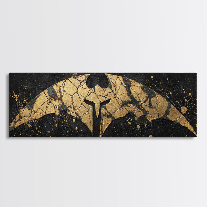 Spartan Helmet Emblem, Abstract Mythology Symbol Decorative Artwork, Gold Canvas Print, Real Wood Frame Warrior Wall Art