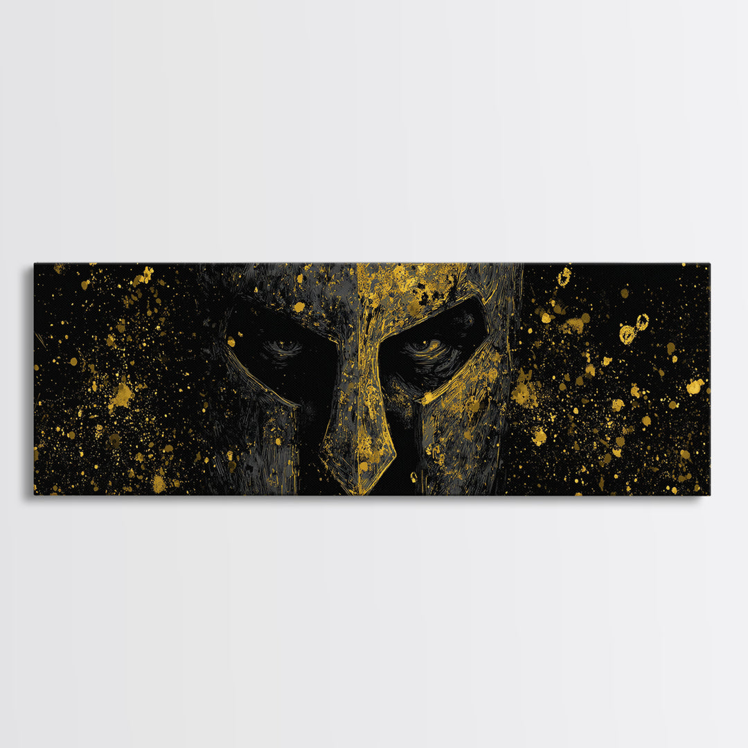 Spartan Helmet Close Up, Ancient Greek Warrior Decorative Artwork, Gold Canvas Print, Real Wood Frame Mythology Wall Decor