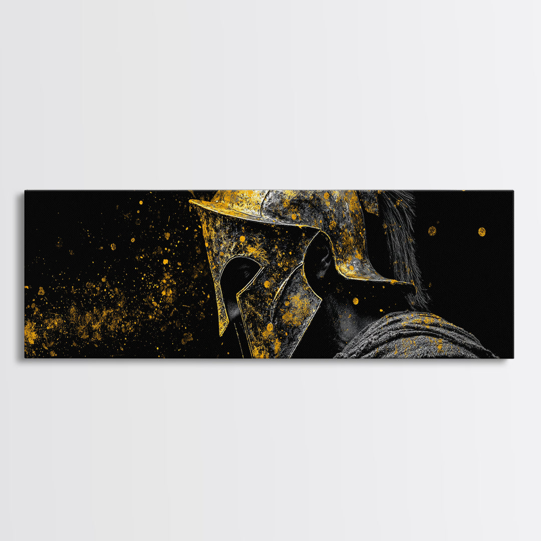 Greek Warrior Face Close Up, Spartan Helmet Intense Gaze Decorative Artwork, Gold Canvas Print, Real Wood Frame Wall Art