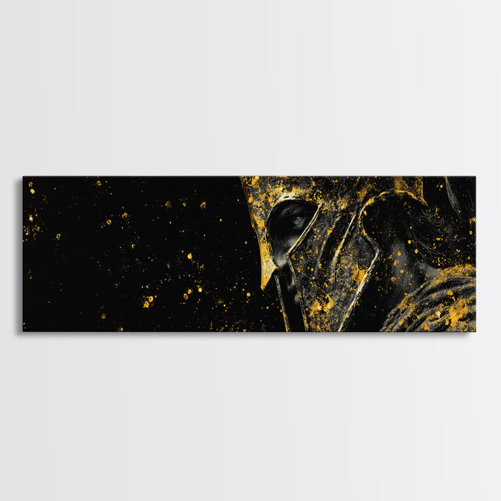 Spartan Helmet Warrior Portrait, Ancient Greek Armor Decorative Artwork, Gold Canvas Print, Real Wood Frame Wall Decor
