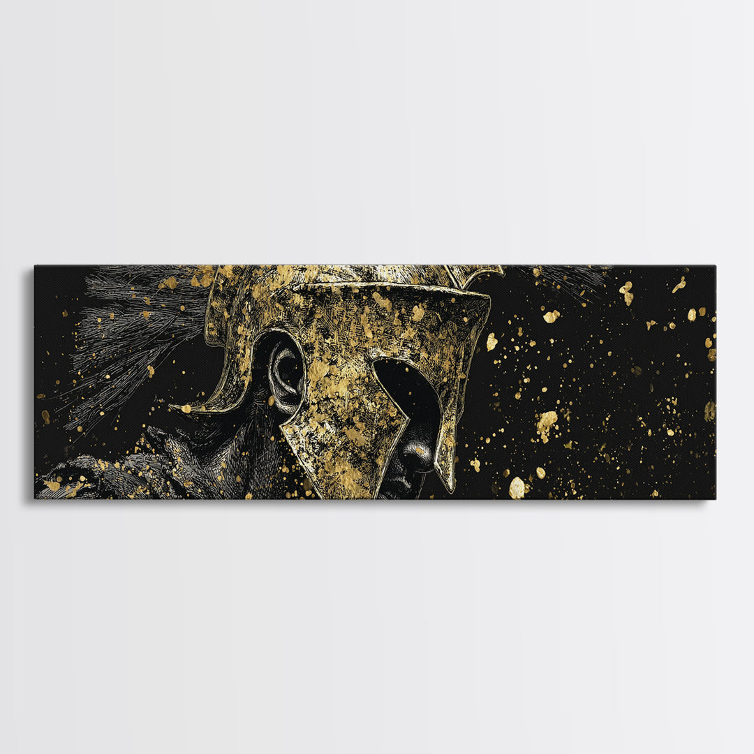 Greek Warrior Side View, Ancient Spartan Helmet With Cloak Decorative Artwork, Gold Canvas Print, Real Wood Frame Wall Decor