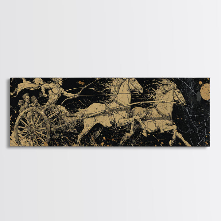 Ancient Chariot Rider, Mythical Warrior Battle Scene Wall Decor, Gold Canvas Print, Real Wood Frame Art