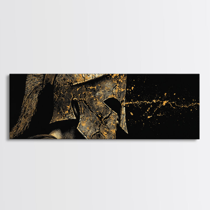 Spartan Warrior Detailed Helmet, Ancient Greek Hero Symbolic Decorative Artwork, Gold Canvas Print, Real Wood Frame Wall Decor