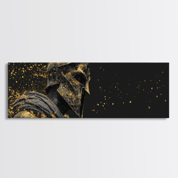 Spartan Helmet Side Portrait, Ancient Greek Warrior Mythology Decorative Symbolic Artwork, Gold Canvas Print, Real Wood Frame