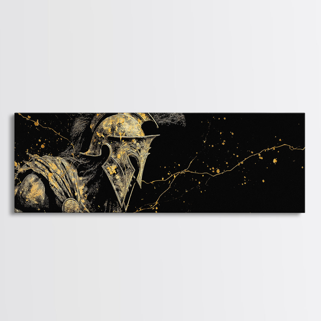 Greek Warrior Armor Close Up, Ancient Spartan Helmet Decorative Mythology Artwork, Gold Canvas Print, Real Wood Frame Wall Art