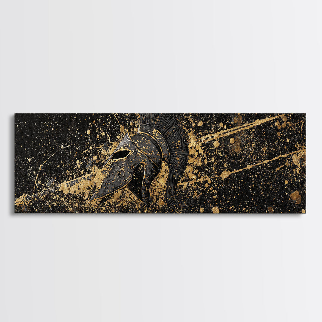 Spartan Helmet Warrior Portrait, Ancient Greek Hero Symbol Decorative Artwork, Gold Canvas Print, Real Wood Frame Mythology Art