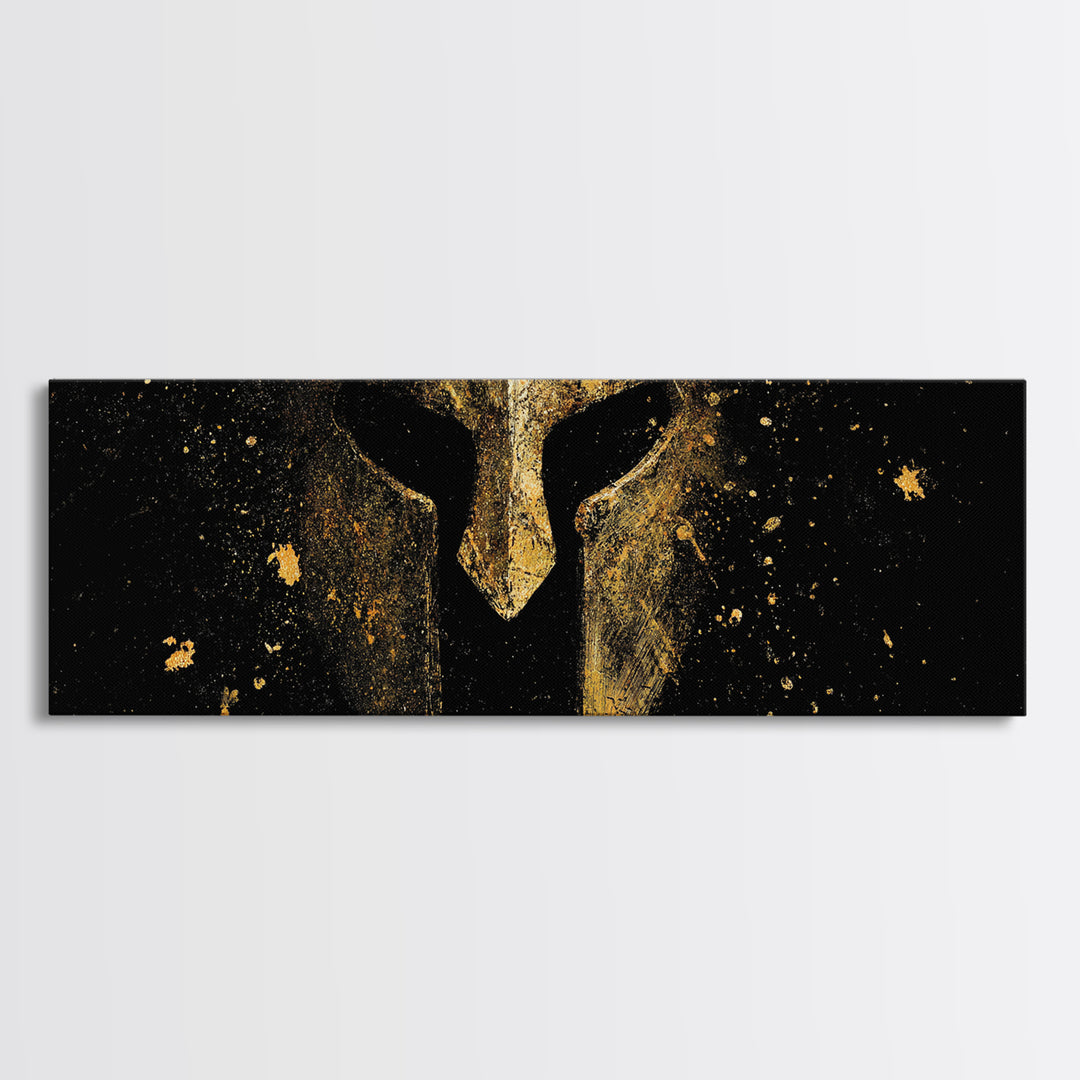 Spartan Helmet Close Detail, Ancient Greek Warrior Decorative Mythological Artwork, Gold Canvas Print, Real Wood Frame Wall Art