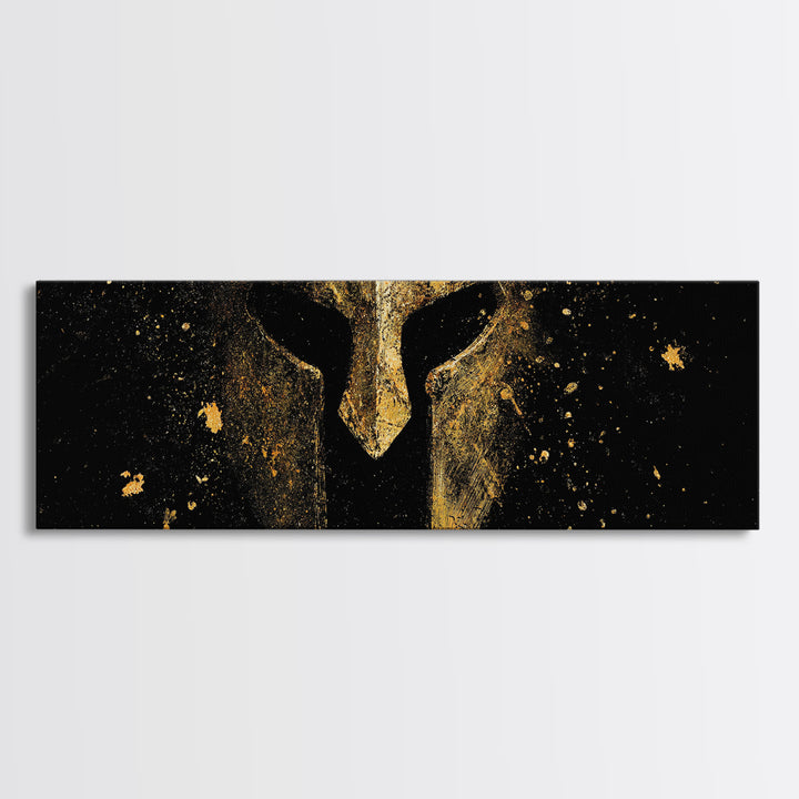 Spartan Helmet Close Detail, Ancient Greek Warrior Decorative Mythological Artwork, Gold Canvas Print, Real Wood Frame Wall Art