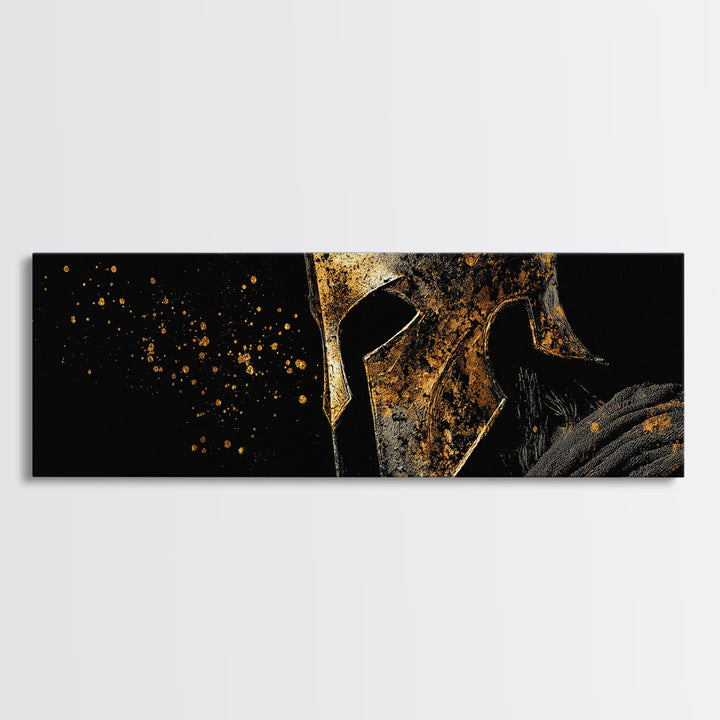 Greek Warrior Front Portrait, Ancient Spartan Helmet Heroic Symbol Decorative Artwork, Gold Canvas Print, Real Wood Frame Wall Art