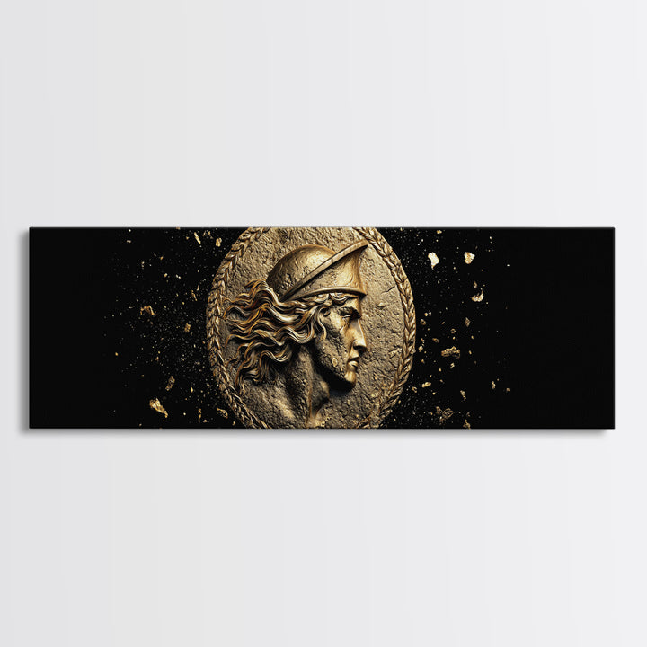 Ancient Greek Coin Relief Portrait, Historical Mythology Gold Canvas Print, Classical Wall Art, Real Wood Frame