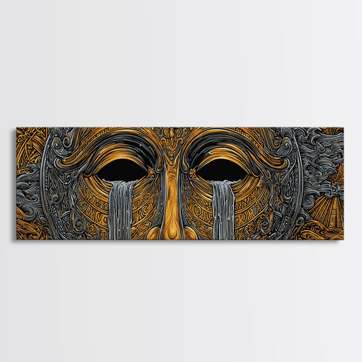 Mythical Golden Mask Illustration, Surreal Greek Inspired Gold Canvas Print, Fantasy Wall Art, Real Wood Frame
