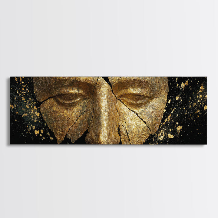 Cracked Ancient Golden Mask, Mythological Relic Gold Canvas Print, Unique Fantasy Wall Art, Real Wood Frame