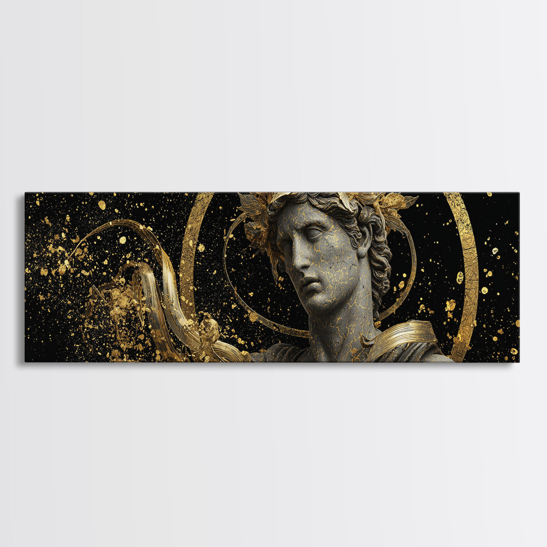 Apollo Bust With Golden Halo, Ancient Greek God Gold Canvas Print, Mythology Sculpture Wall Art, Real Wood Frame