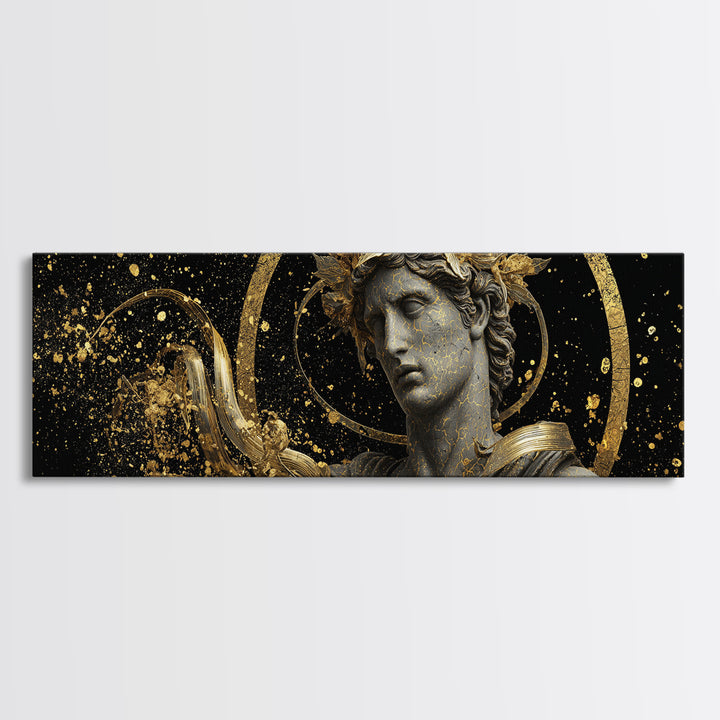 Apollo Bust With Golden Halo, Ancient Greek God Gold Canvas Print, Mythology Sculpture Wall Art, Real Wood Frame