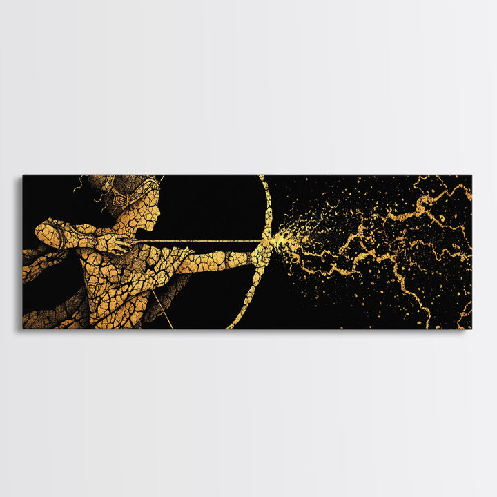 Artemis Golden Archer Illustration, Ancient Greek Goddess Gold Canvas Print, Mythology Wall Art, Real Wood Frame