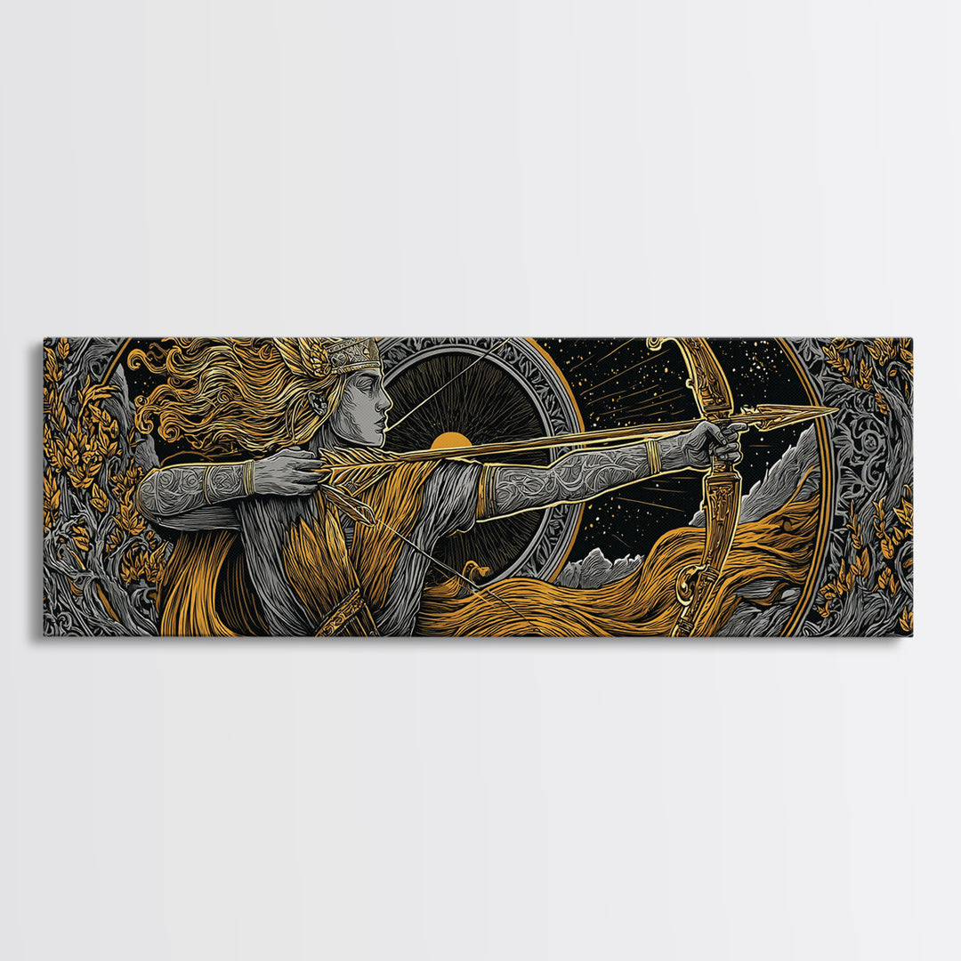 Greek Goddess Artemis With Bow, Mythological Archer Gold Canvas Print, Fantasy Wall Art, Real Wood Frame