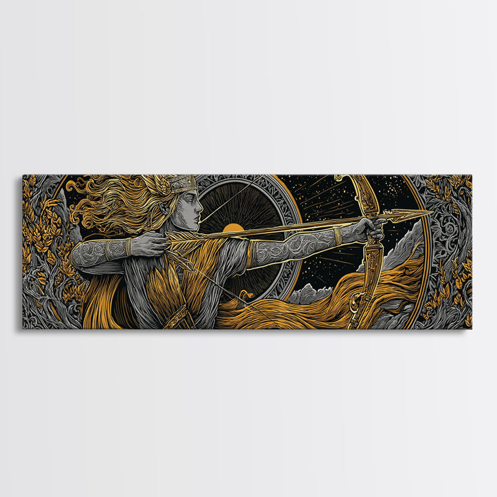 Greek Goddess Artemis With Bow, Mythological Archer Gold Canvas Print, Fantasy Wall Art, Real Wood Frame
