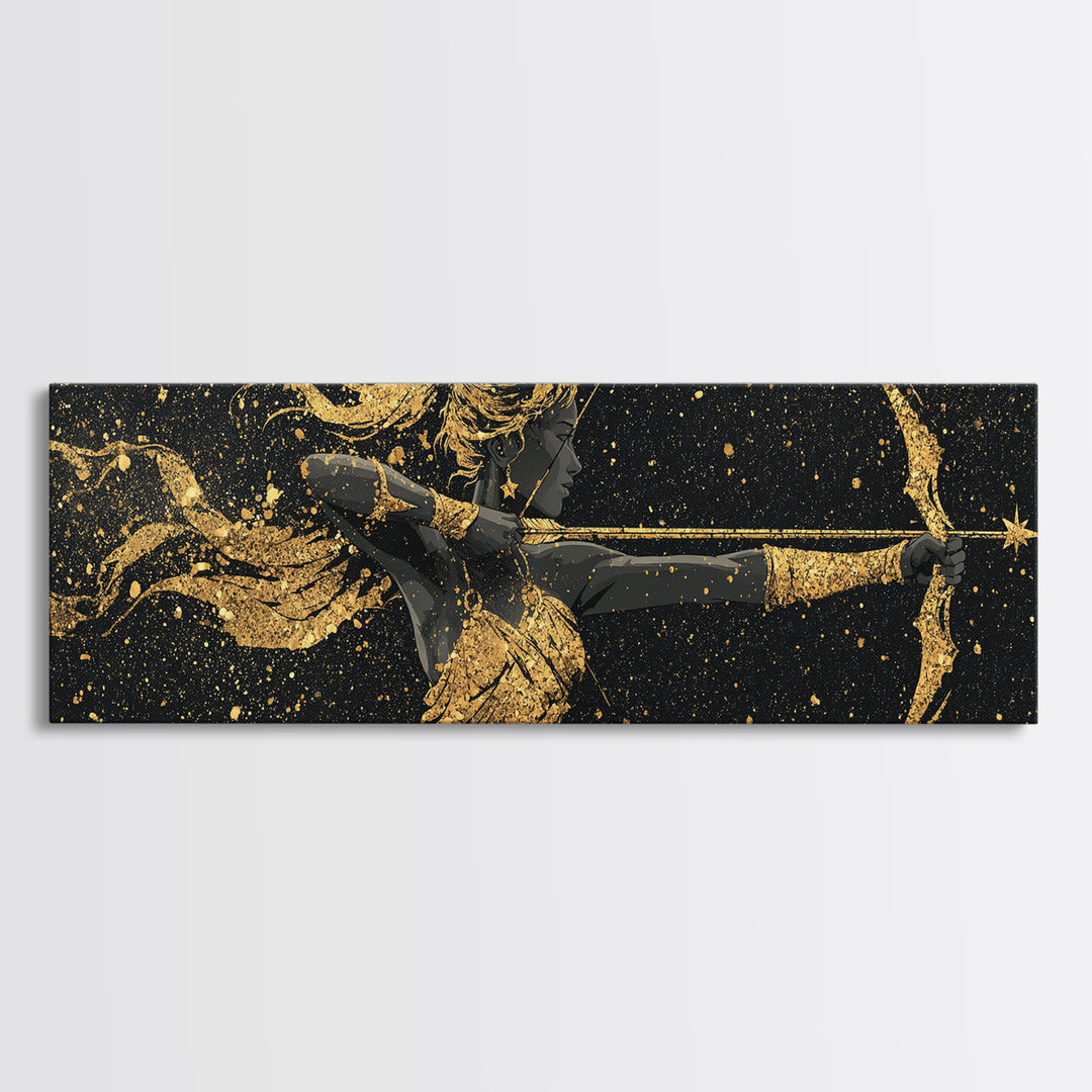 Celestial Artemis Archer Artwork, Mythology Inspired Gold Canvas Print, Greek Goddess Wall Art, Real Wood Frame