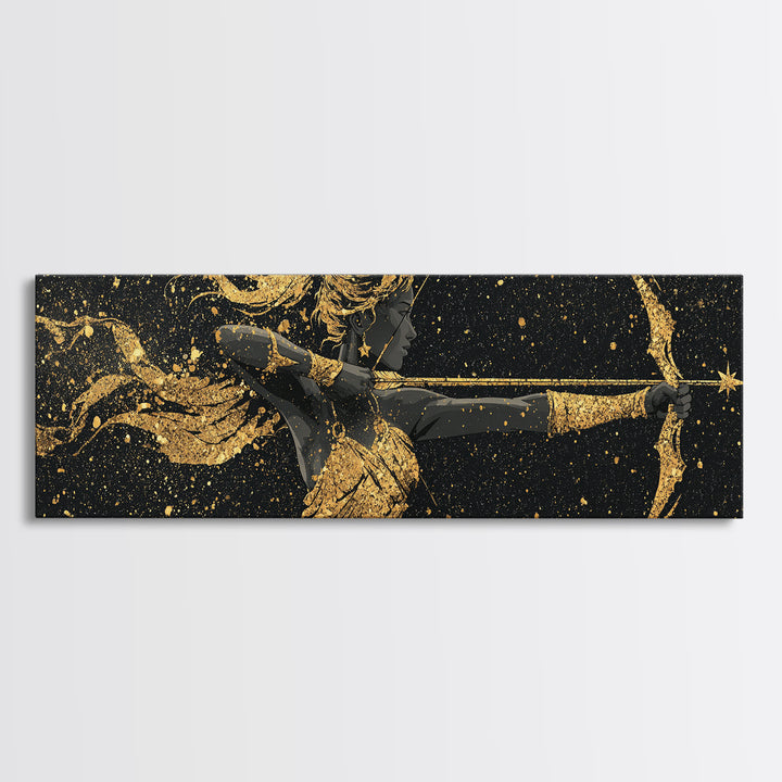 Celestial Artemis Archer Artwork, Mythology Inspired Gold Canvas Print, Greek Goddess Wall Art, Real Wood Frame