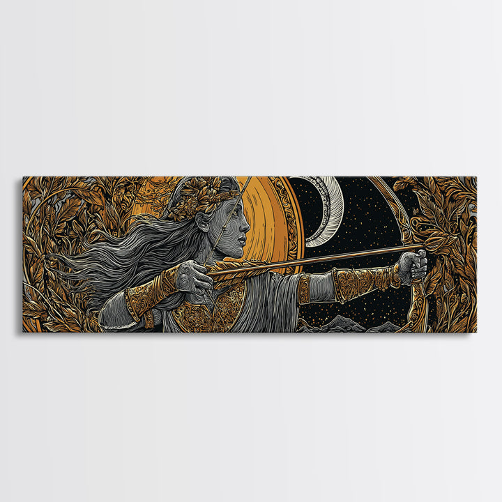 Artemis Moon Goddess Archer, Mythology Inspired Gold Canvas Print, Greek Goddess Wall Art, Real Wood Frame
