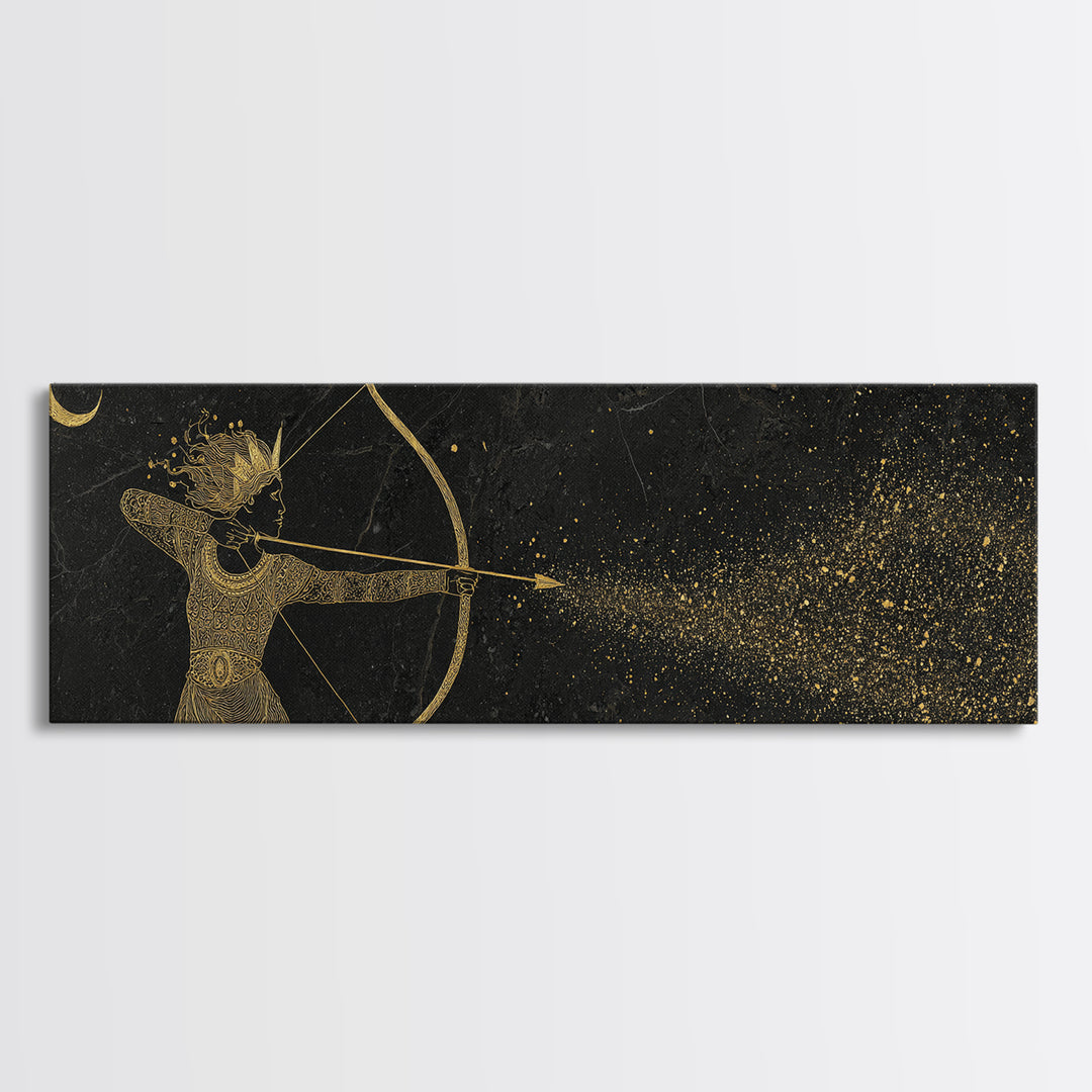 Celestial Artemis Shooting Stars, Ancient Greek Goddess Gold Canvas Print, Mythology Wall Art, Real Wood Frame